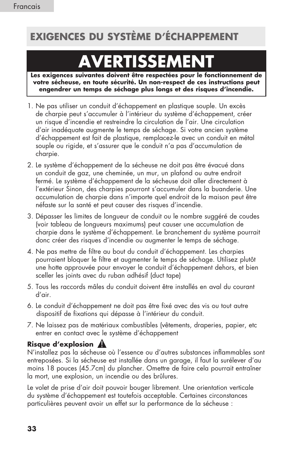 Avertissement, Exigences du système d’échappement | haier GDE/GDG450AW User Manual | Page 34 / 80