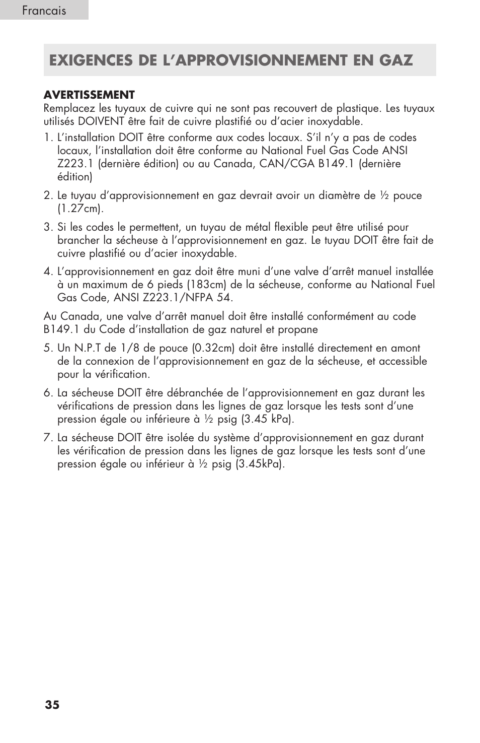 Exigences de l’approvisionnement en gaz | haier GDE/GDG450AW User Manual | Page 36 / 80