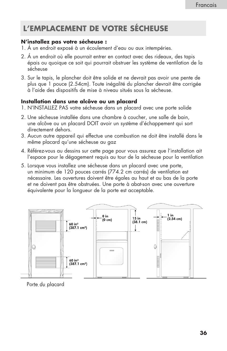 L’emplacement de votre sécheuse | haier GDE/GDG450AW User Manual | Page 37 / 80
