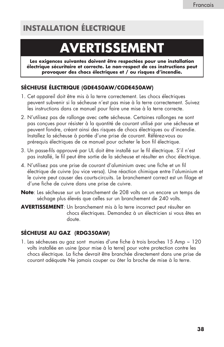 Avertissement, Installation électrique | haier GDE/GDG450AW User Manual | Page 39 / 80