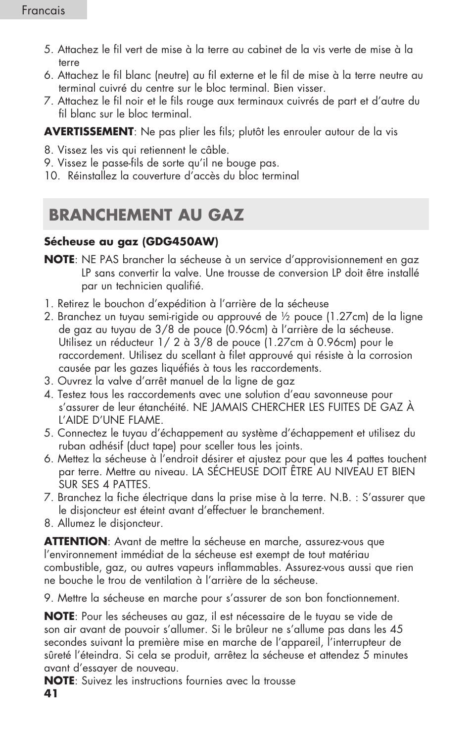 Branchement au gaz | haier GDE/GDG450AW User Manual | Page 42 / 80