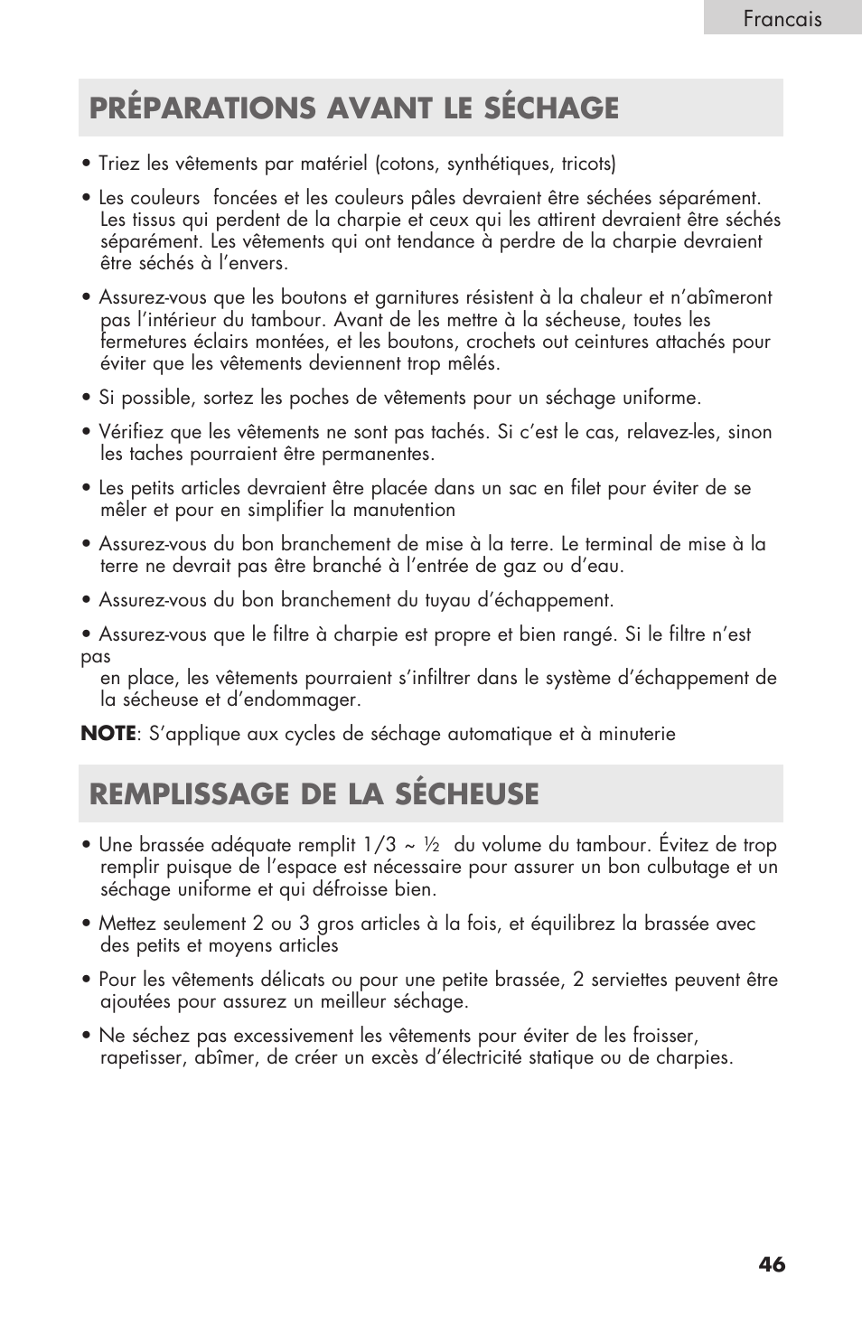 Remplissage de la sécheuse, Préparations avant le séchage | haier GDE/GDG450AW User Manual | Page 47 / 80