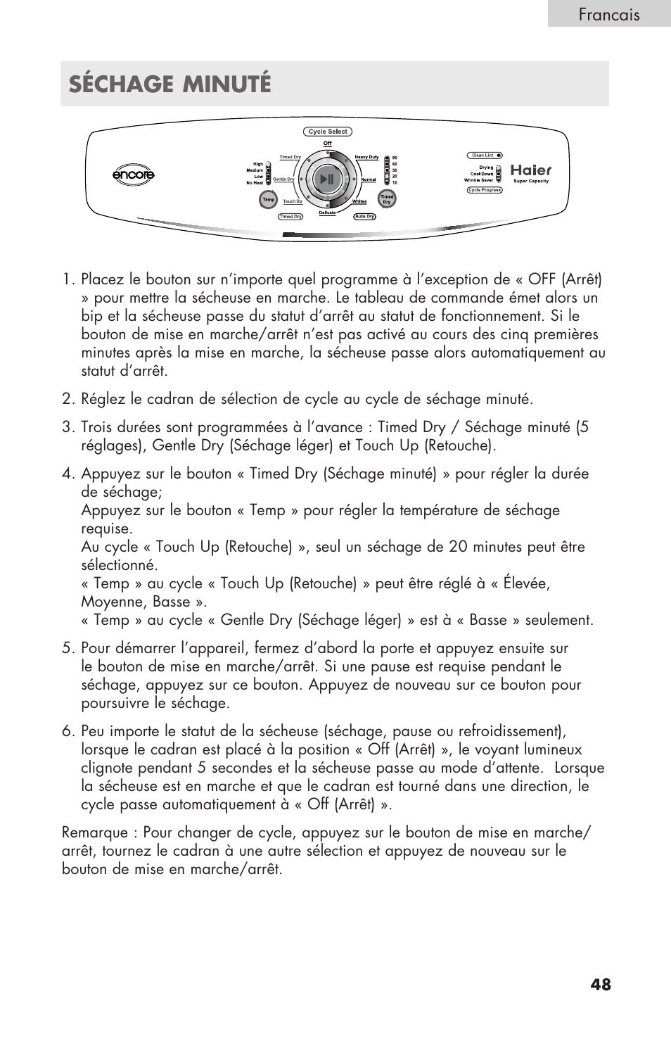 Séchage minuté | haier GDE/GDG450AW User Manual | Page 49 / 80
