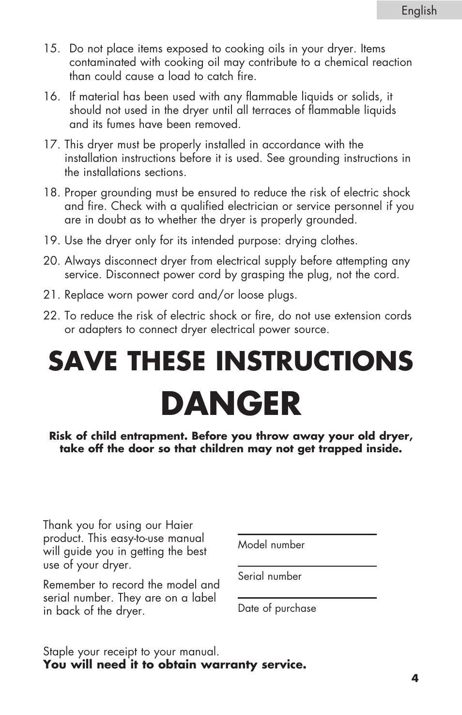 Danger, Save these instructions | haier GDE/GDG450AW User Manual | Page 5 / 80