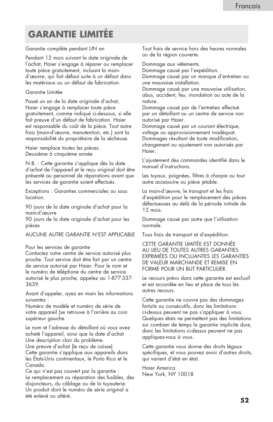 Garantie limitée, Francais | haier GDE/GDG450AW User Manual | Page 53 / 80
