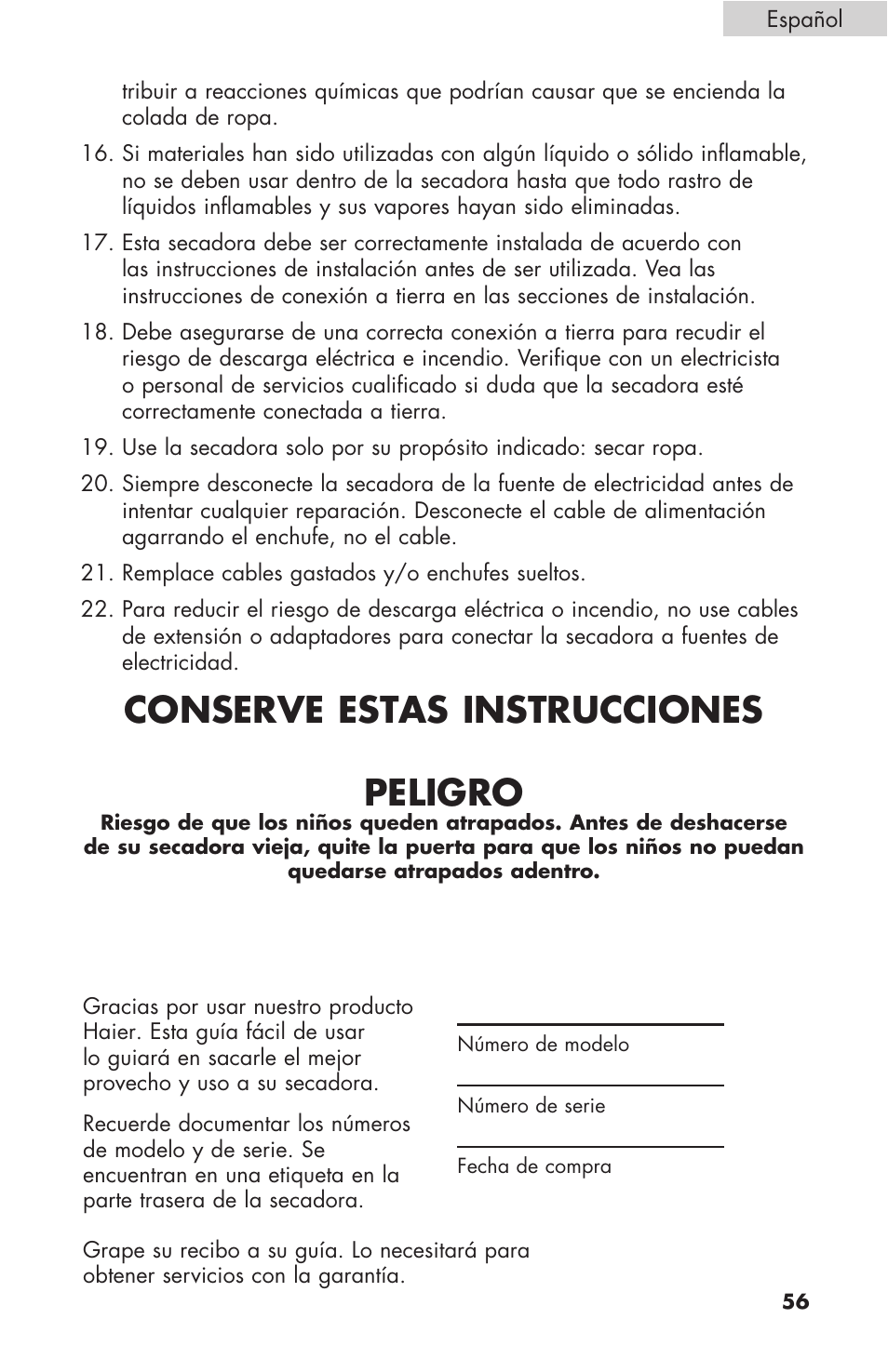 Conserve estas instrucciones peligro | haier GDE/GDG450AW User Manual | Page 57 / 80