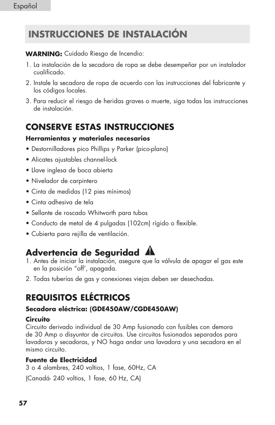Instrucciones de instalación, Conserve estas instrucciones, Advertencia de seguridad | Requisitos eléctricos | haier GDE/GDG450AW User Manual | Page 58 / 80