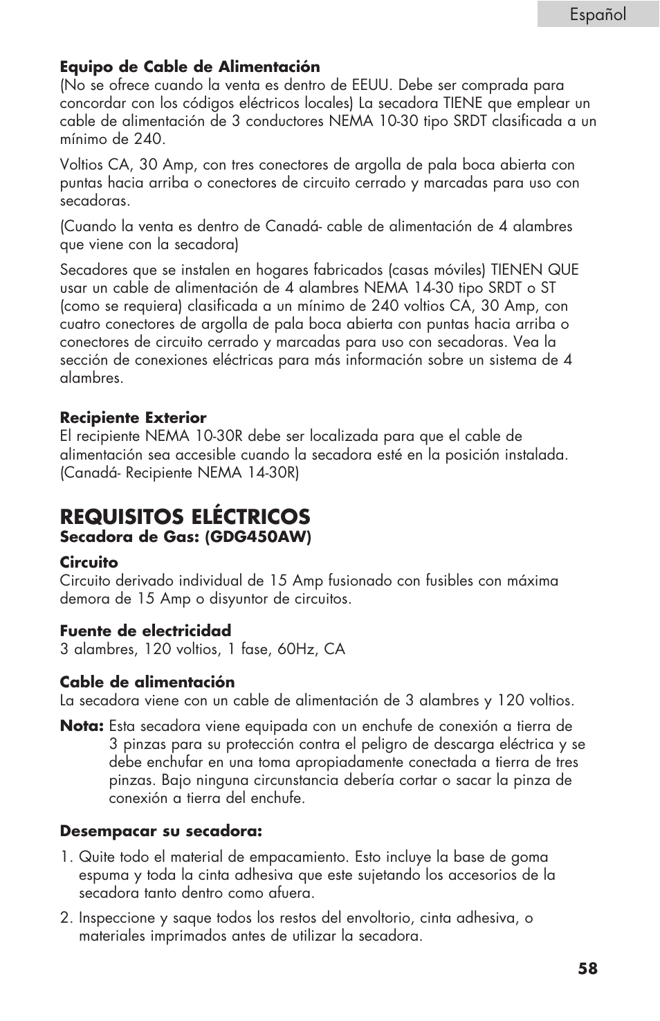 Requisitos eléctricos | haier GDE/GDG450AW User Manual | Page 59 / 80