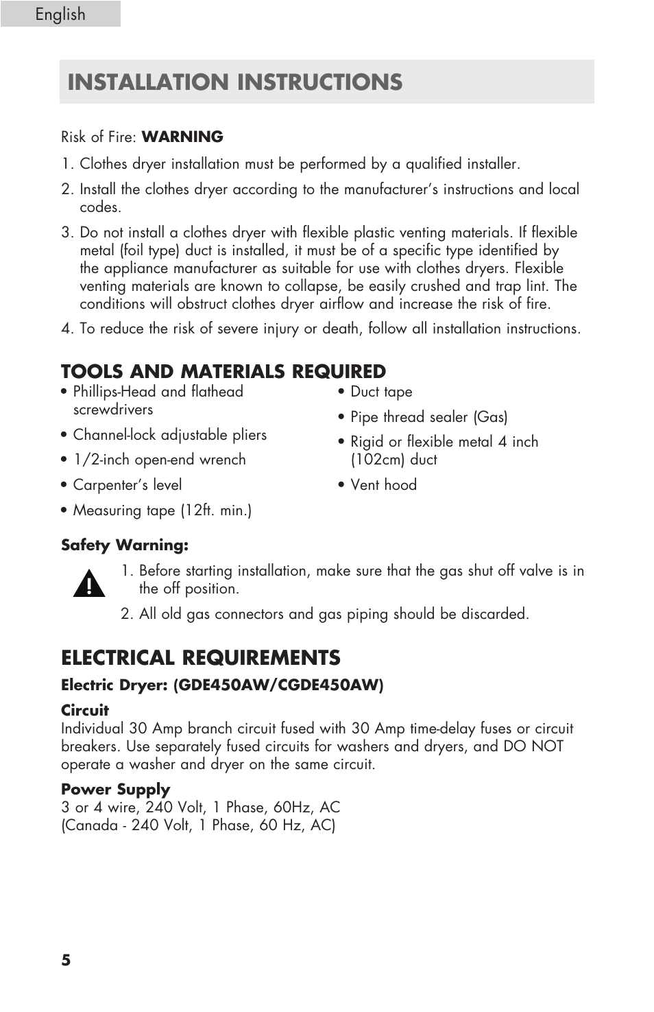 Installation instructions, Electrical requirements, Tools and materials required | haier GDE/GDG450AW User Manual | Page 6 / 80