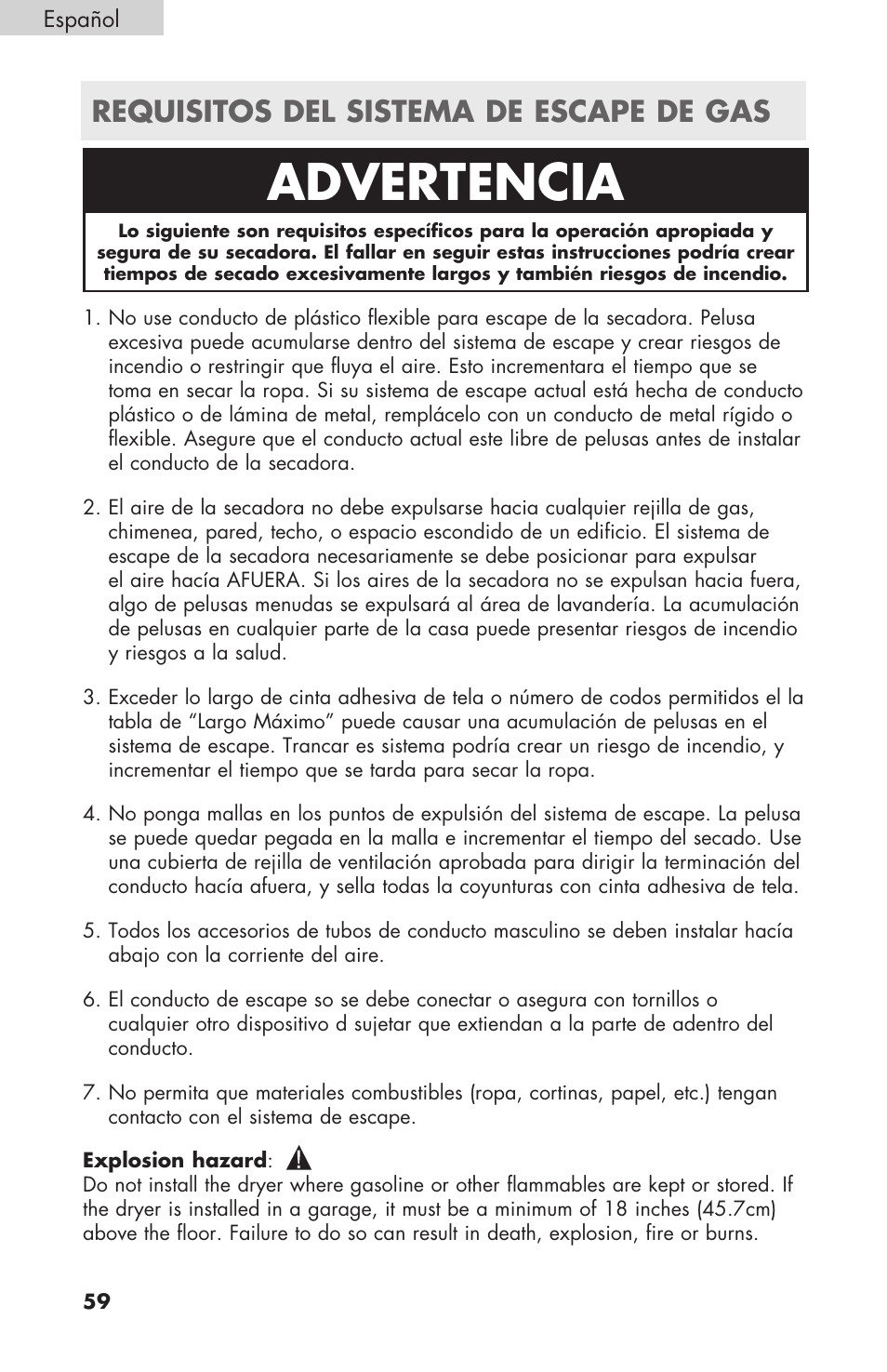 Advertencia, Requisitos del sistema de escape de gas | haier GDE/GDG450AW User Manual | Page 60 / 80