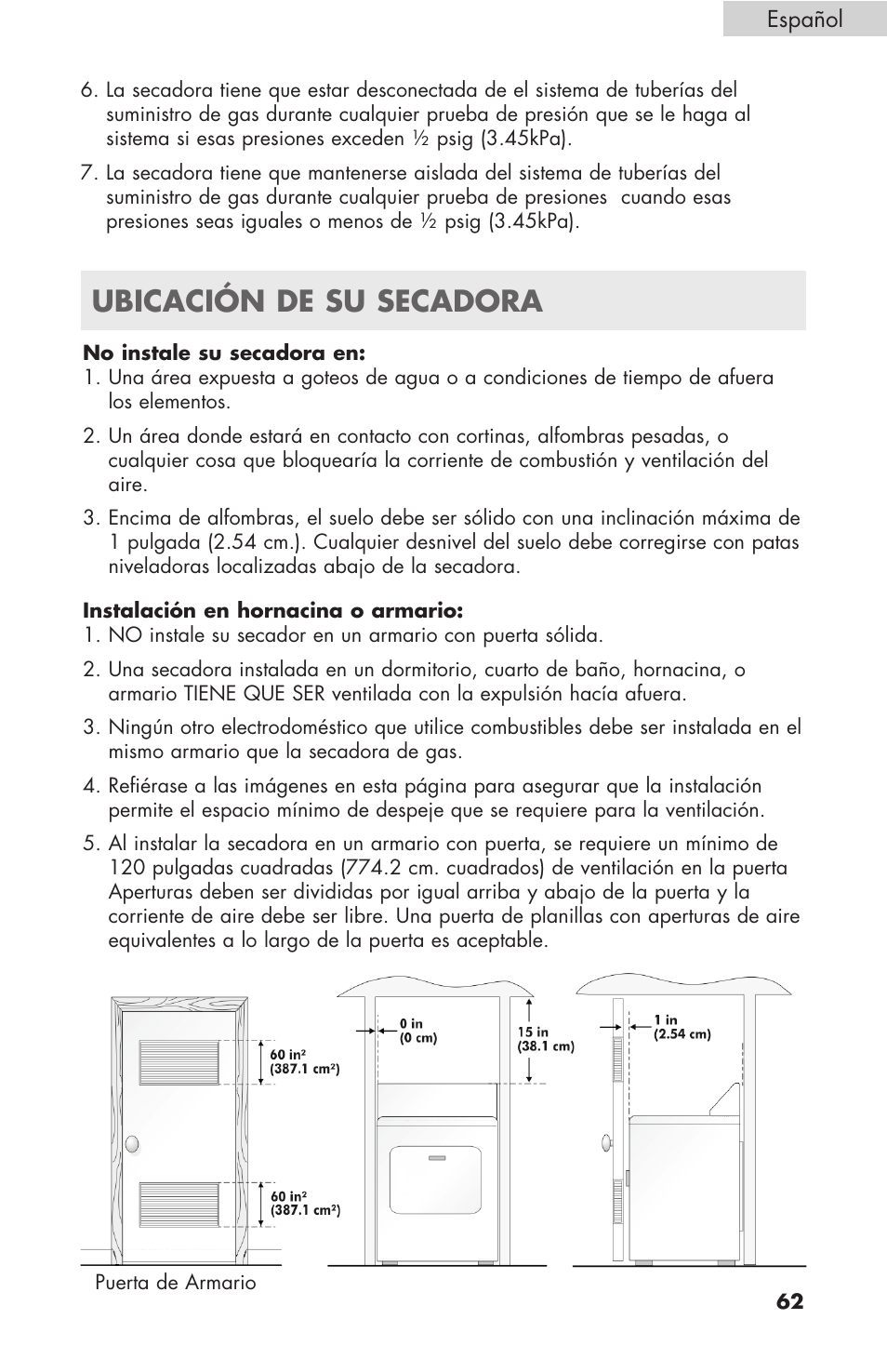 Ubicación de su secadora | haier GDE/GDG450AW User Manual | Page 63 / 80