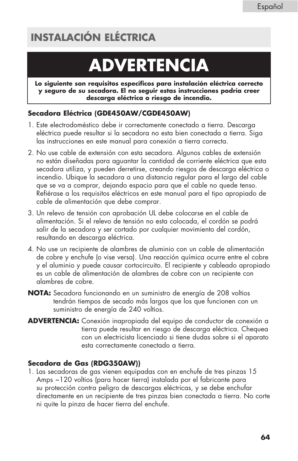 Advertencia, Instalación eléctrica | haier GDE/GDG450AW User Manual | Page 65 / 80