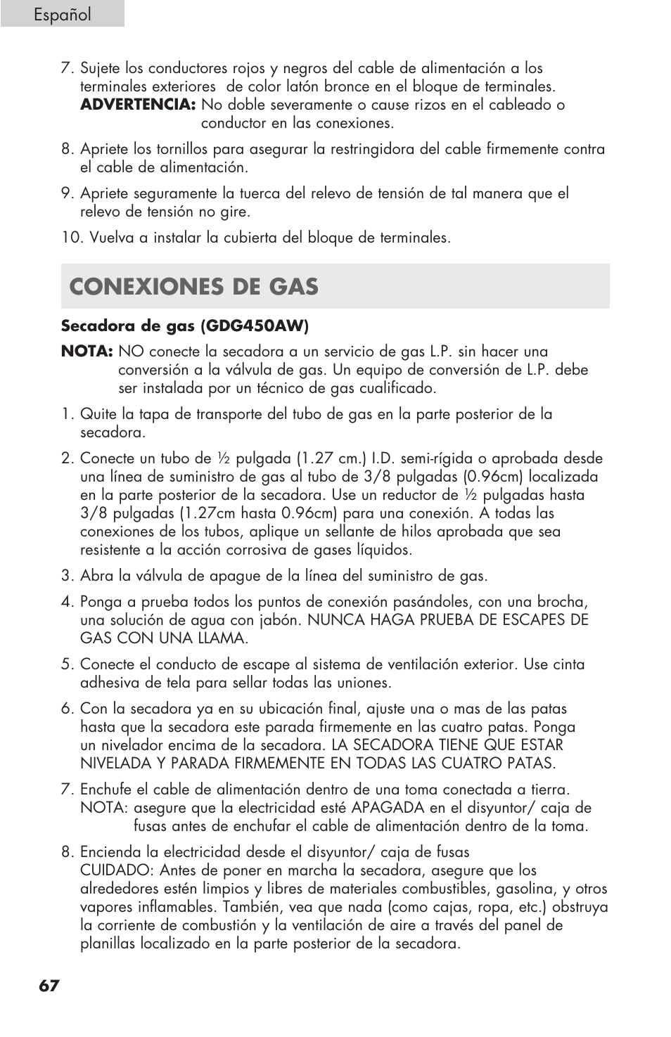 Conexiones de gas | haier GDE/GDG450AW User Manual | Page 68 / 80