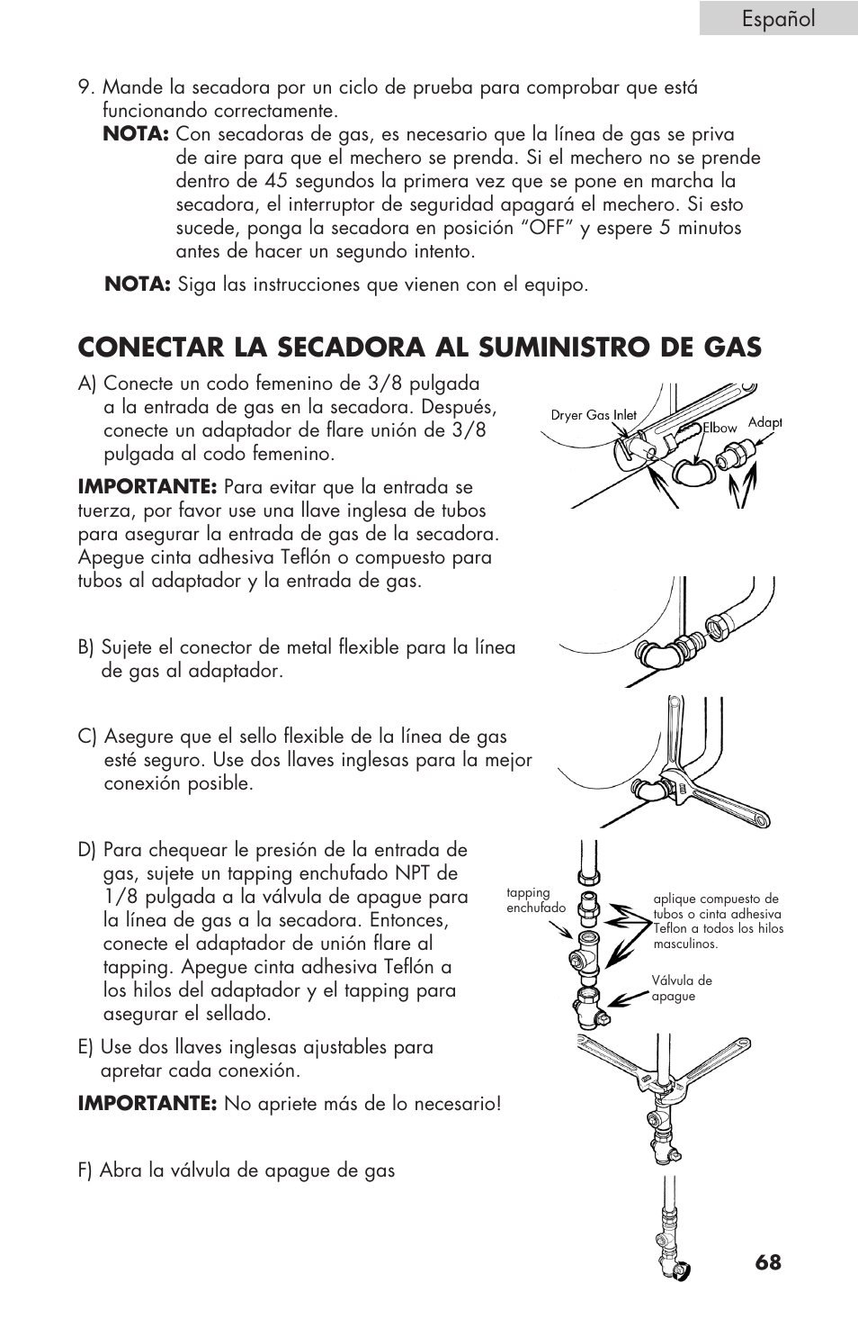 Conectar la secadora al suministro de gas, Español | haier GDE/GDG450AW User Manual | Page 69 / 80