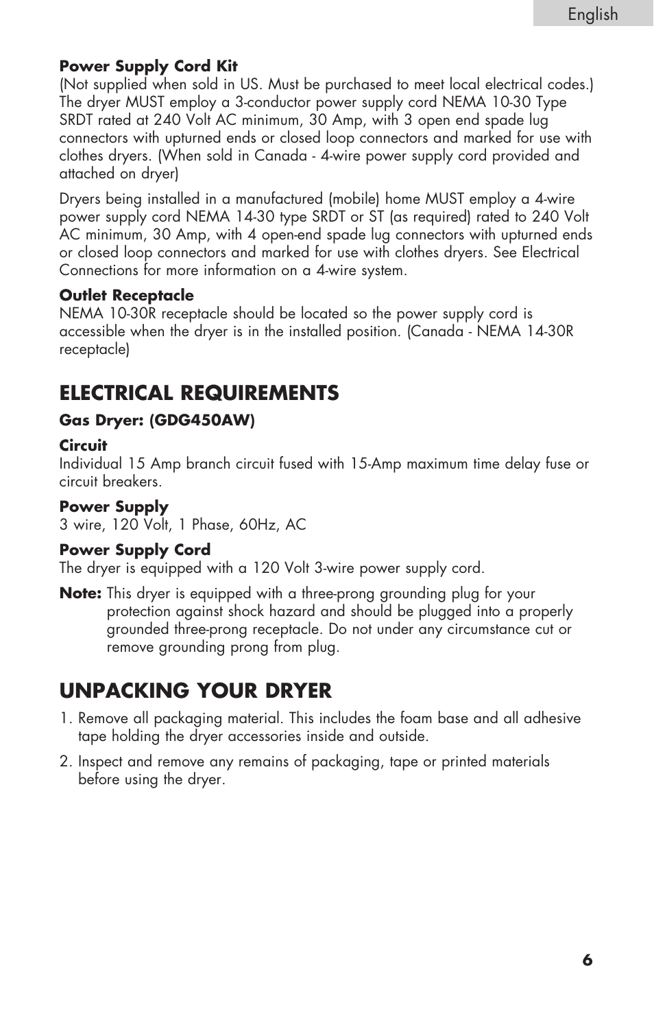 Electrical requirements, Unpacking your dryer | haier GDE/GDG450AW User Manual | Page 7 / 80