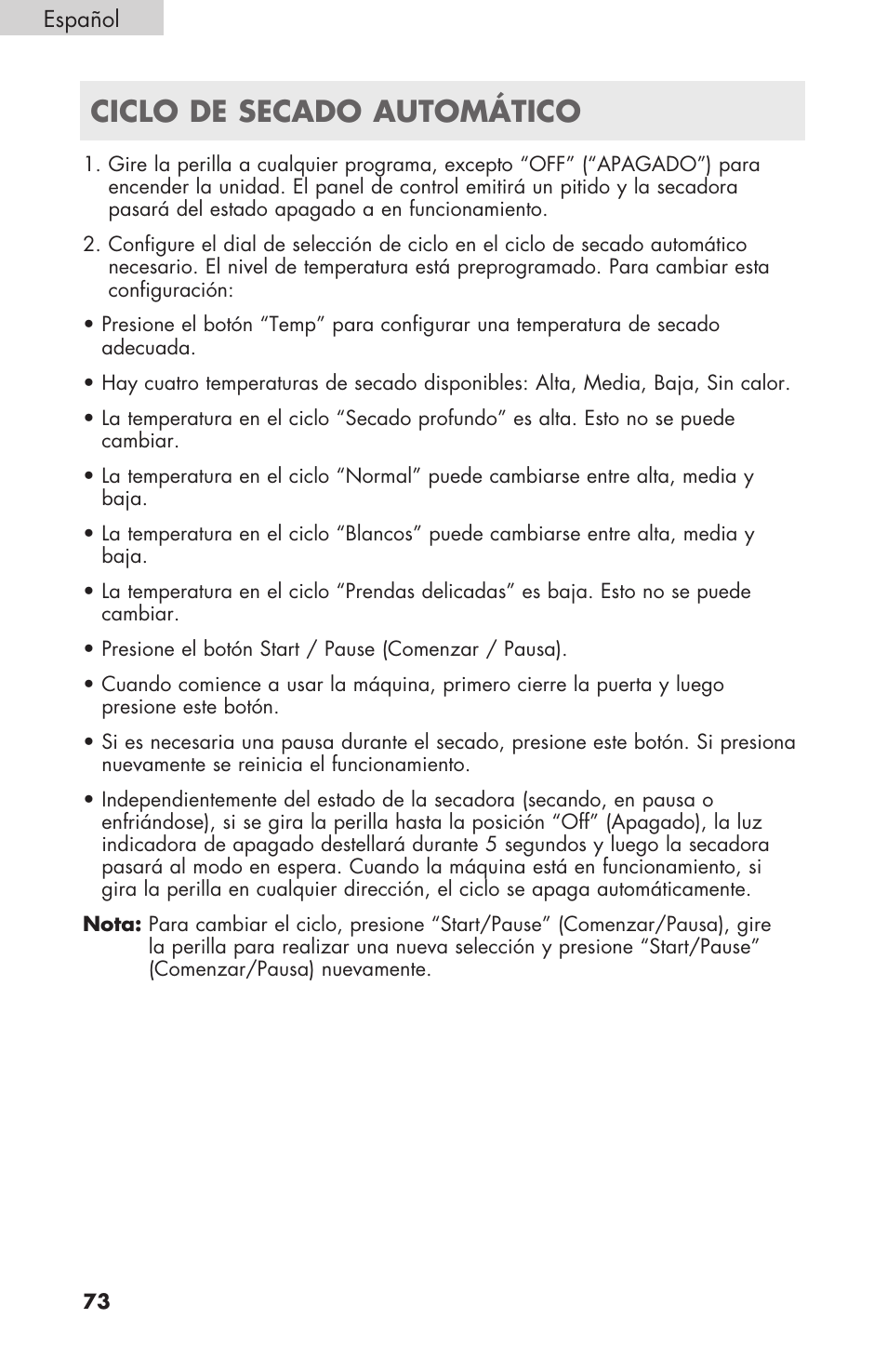 Ciclo de secado automático | haier GDE/GDG450AW User Manual | Page 74 / 80