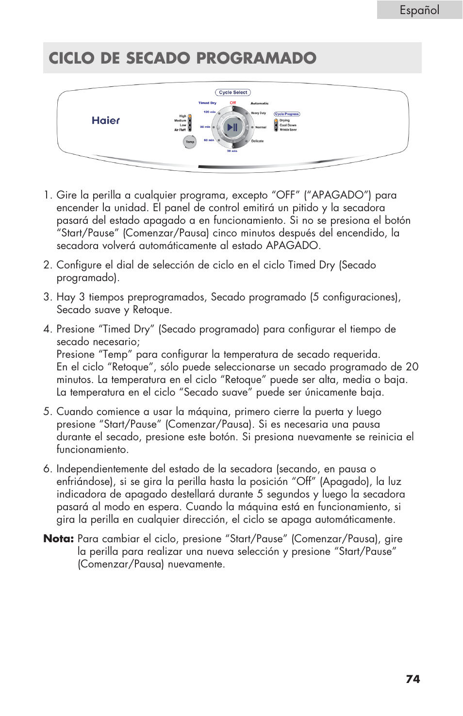 Ciclo de secado programado | haier GDE/GDG450AW User Manual | Page 75 / 80