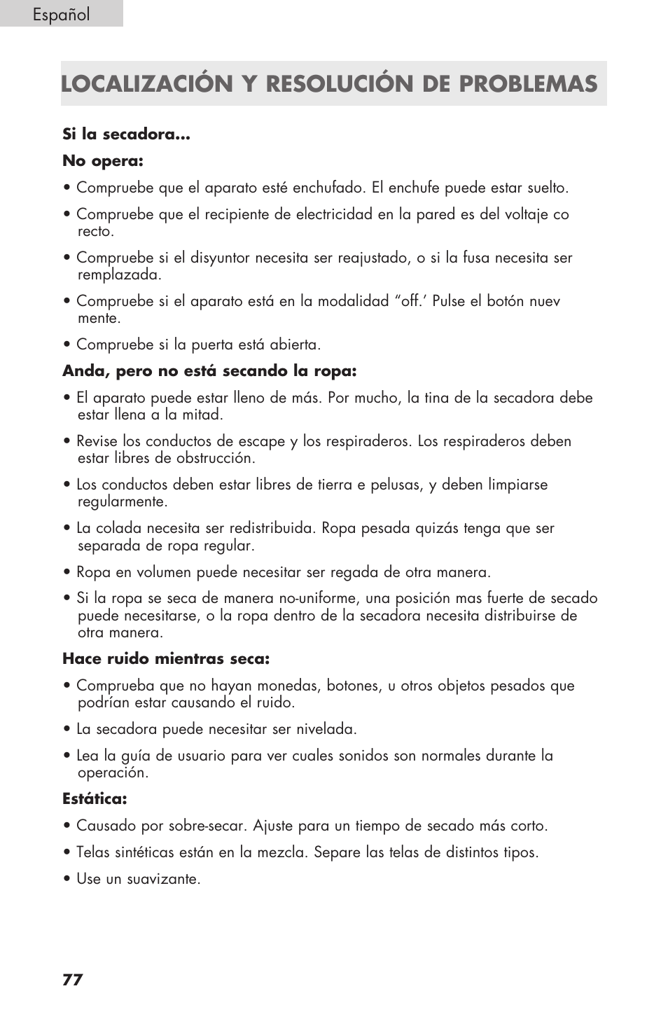 Localización y resolución de problemas | haier GDE/GDG450AW User Manual | Page 78 / 80