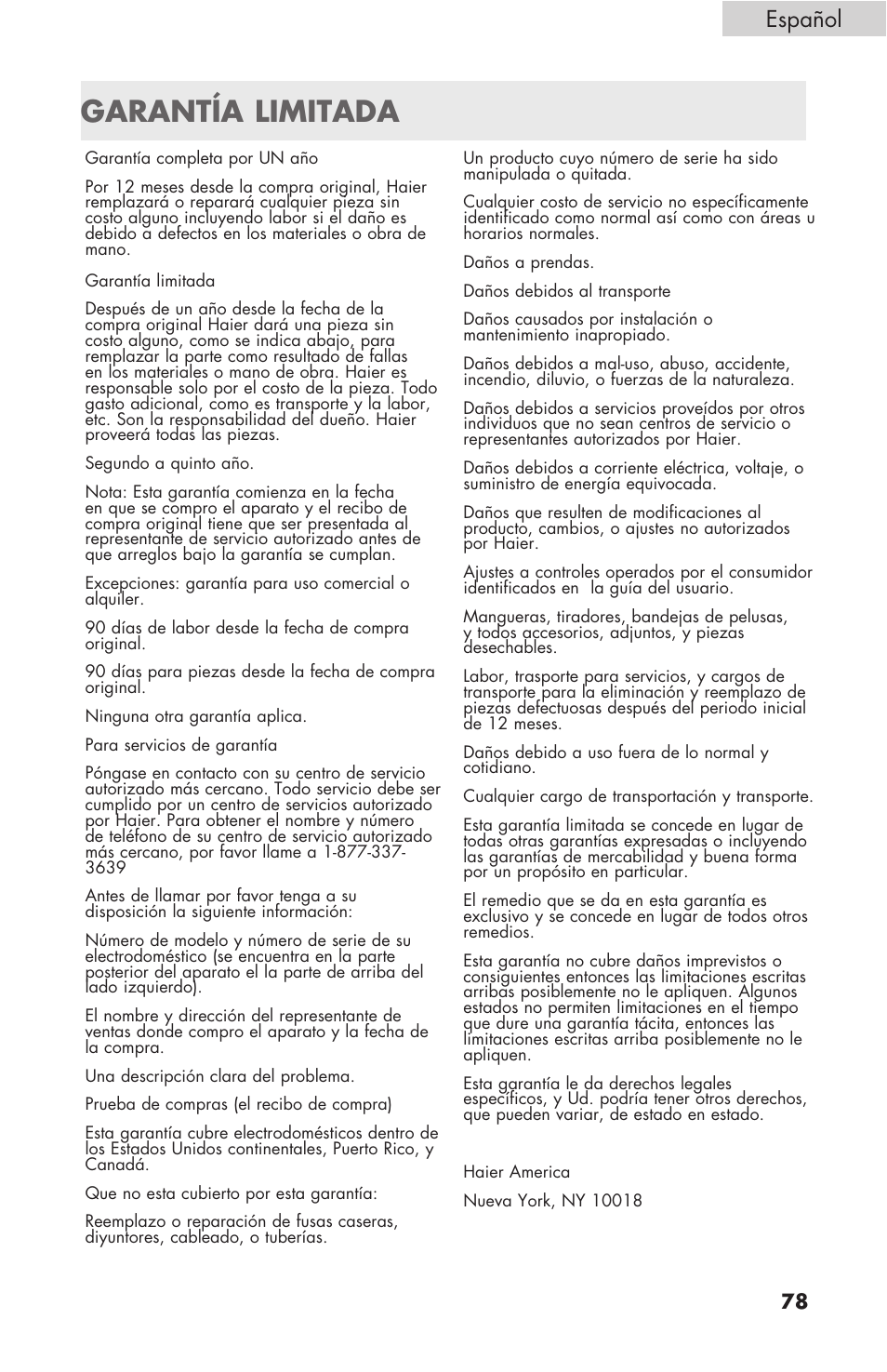 Garantía limitada, Español | haier GDE/GDG450AW User Manual | Page 79 / 80