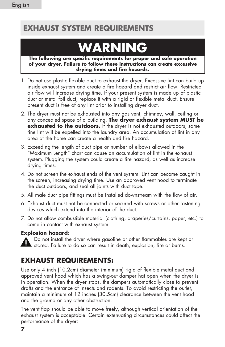 Warning, Exhaust system requirements, Exhaust requirements | haier GDE/GDG450AW User Manual | Page 8 / 80