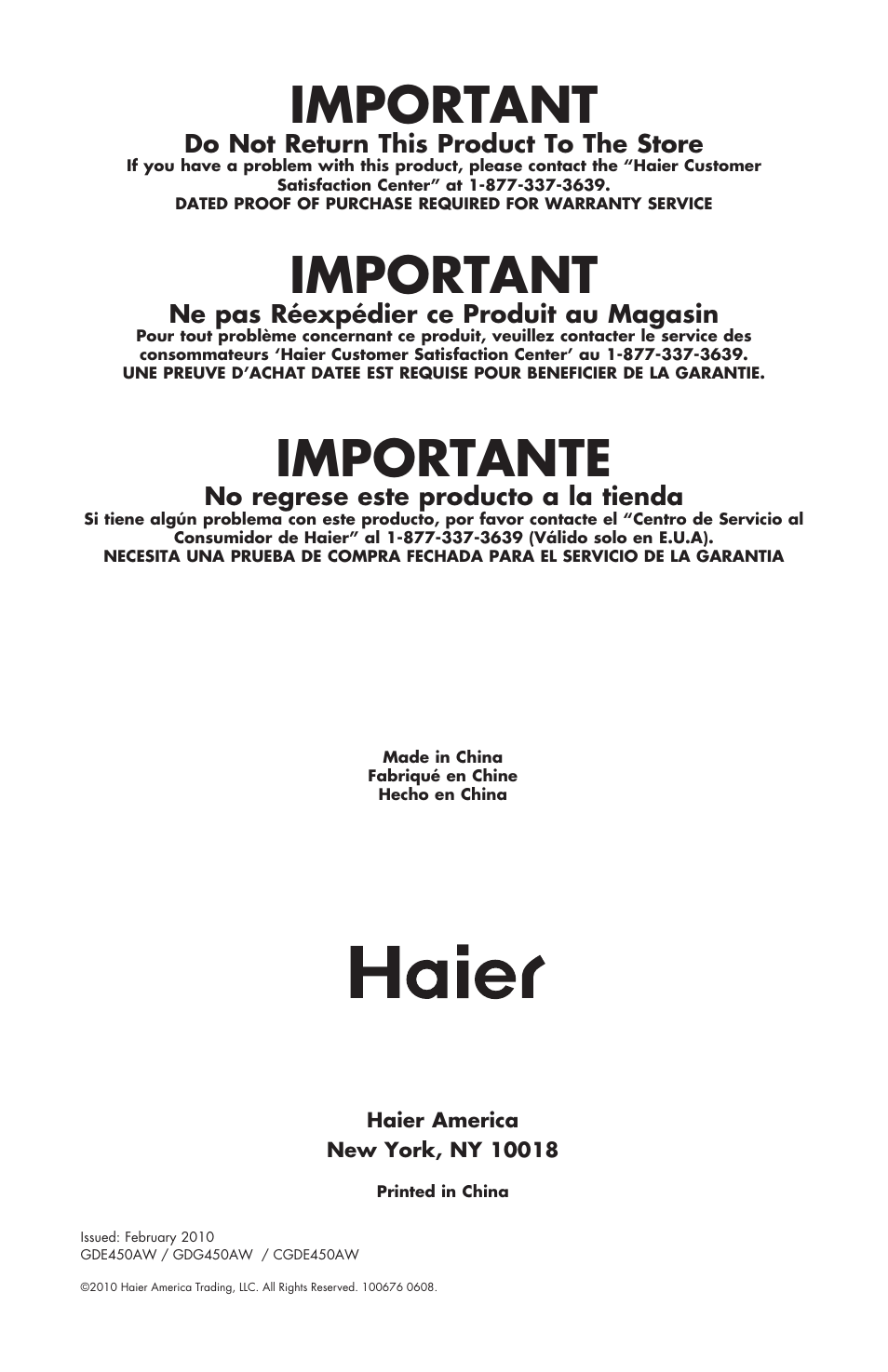 Important, Importante, Do not return this product to the store | Ne pas réexpédier ce produit au magasin, No regrese este producto a la tienda | haier GDE/GDG450AW User Manual | Page 80 / 80