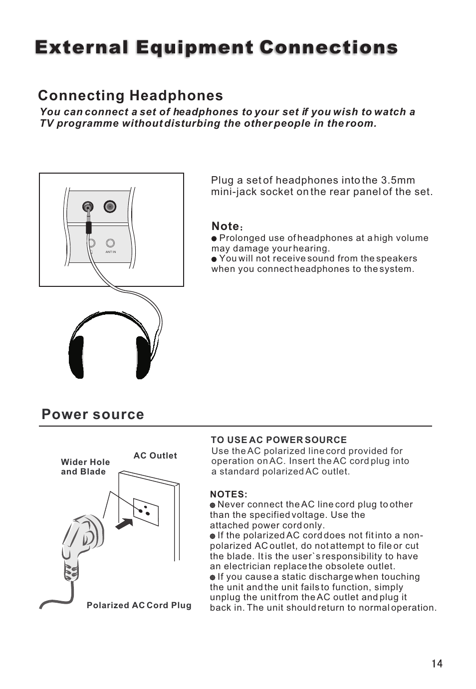 External equipment connections, Power source, Connecting headphones | haier L26V6-A8K User Manual | Page 15 / 38