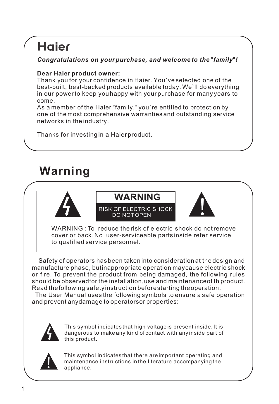 Warning | haier L26V6-A8K User Manual | Page 2 / 38