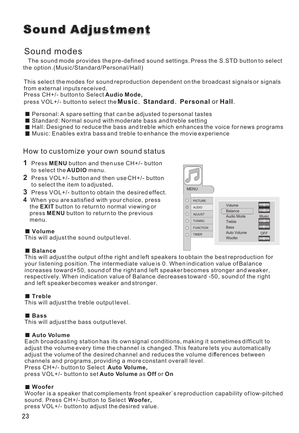 Sound adjustment, Sound modes, How to customize your own sound status | haier L26V6-A8K User Manual | Page 24 / 38