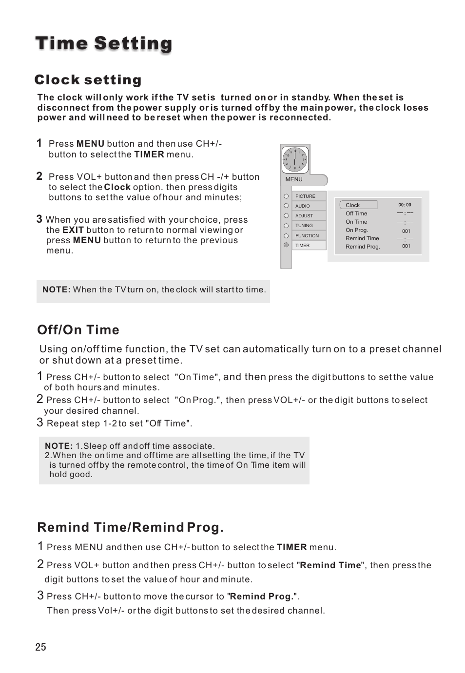 Time setting, Clock setting, Off/on time | Remind time/remind prog | haier L26V6-A8K User Manual | Page 26 / 38
