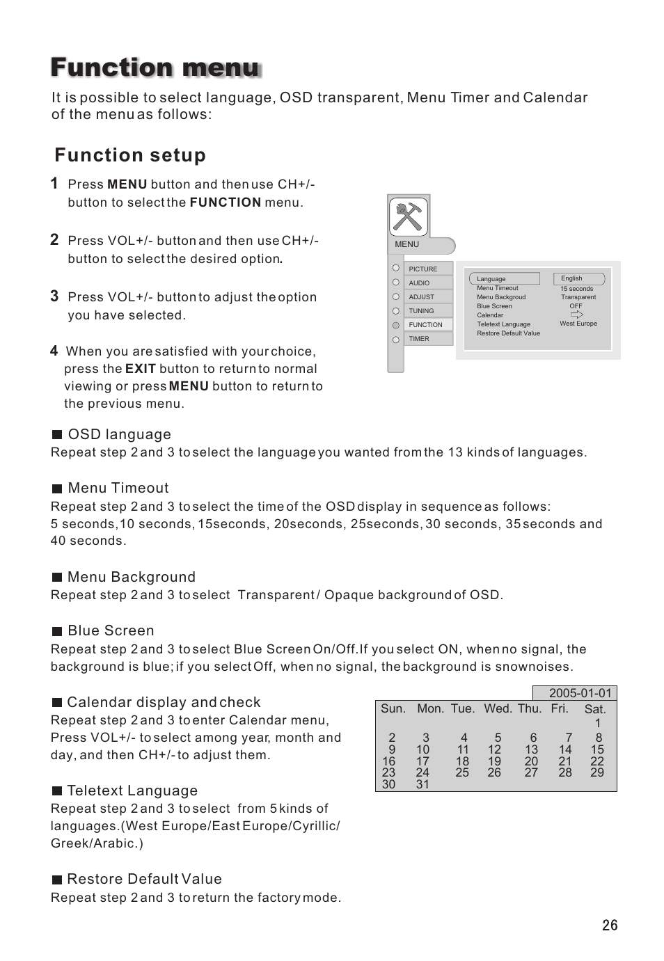Function menu, Function setup | haier L26V6-A8K User Manual | Page 27 / 38