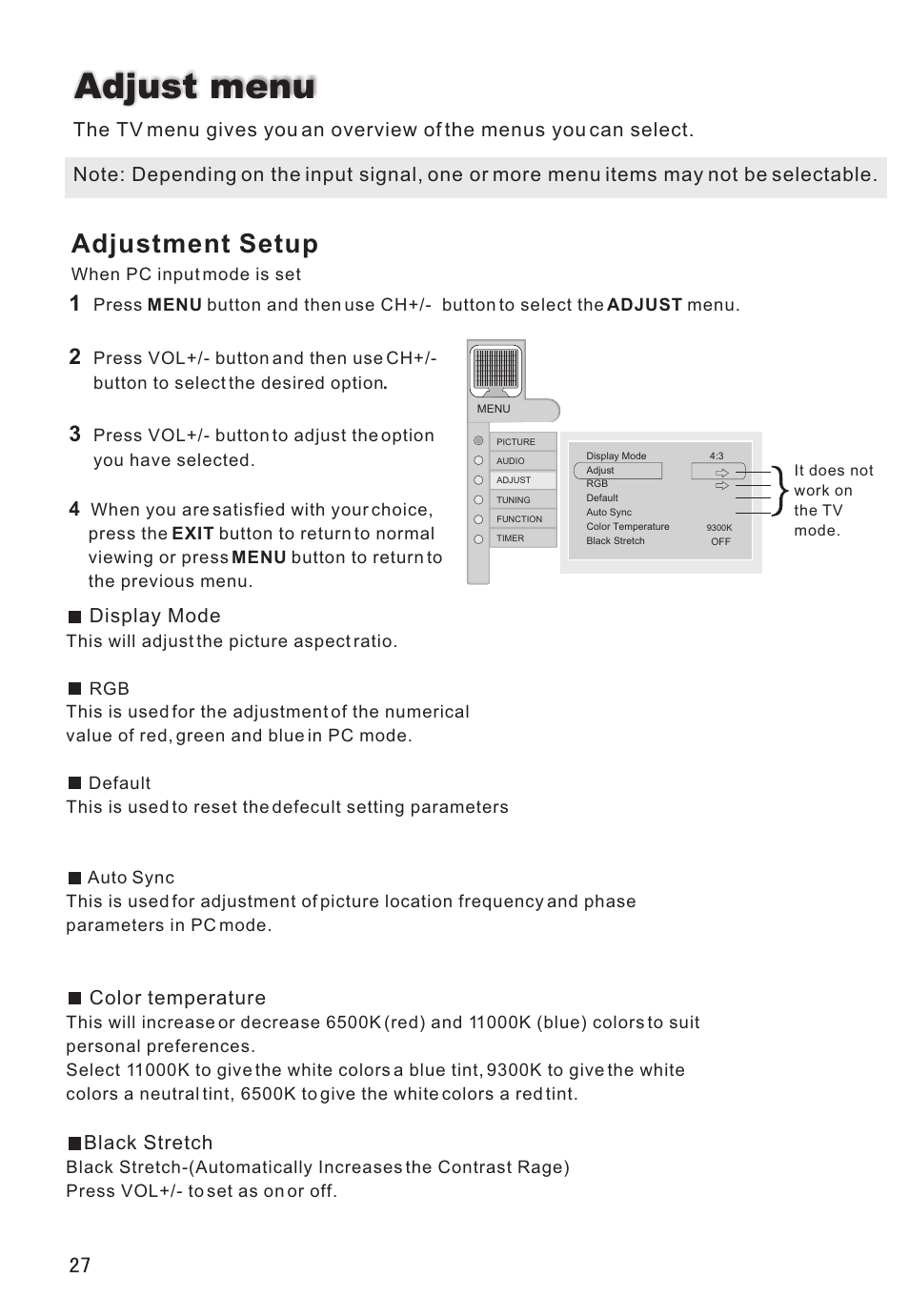 Adjust menu, Adjustment setup, Display mode | Color temperature, Black stretch | haier L26V6-A8K User Manual | Page 28 / 38