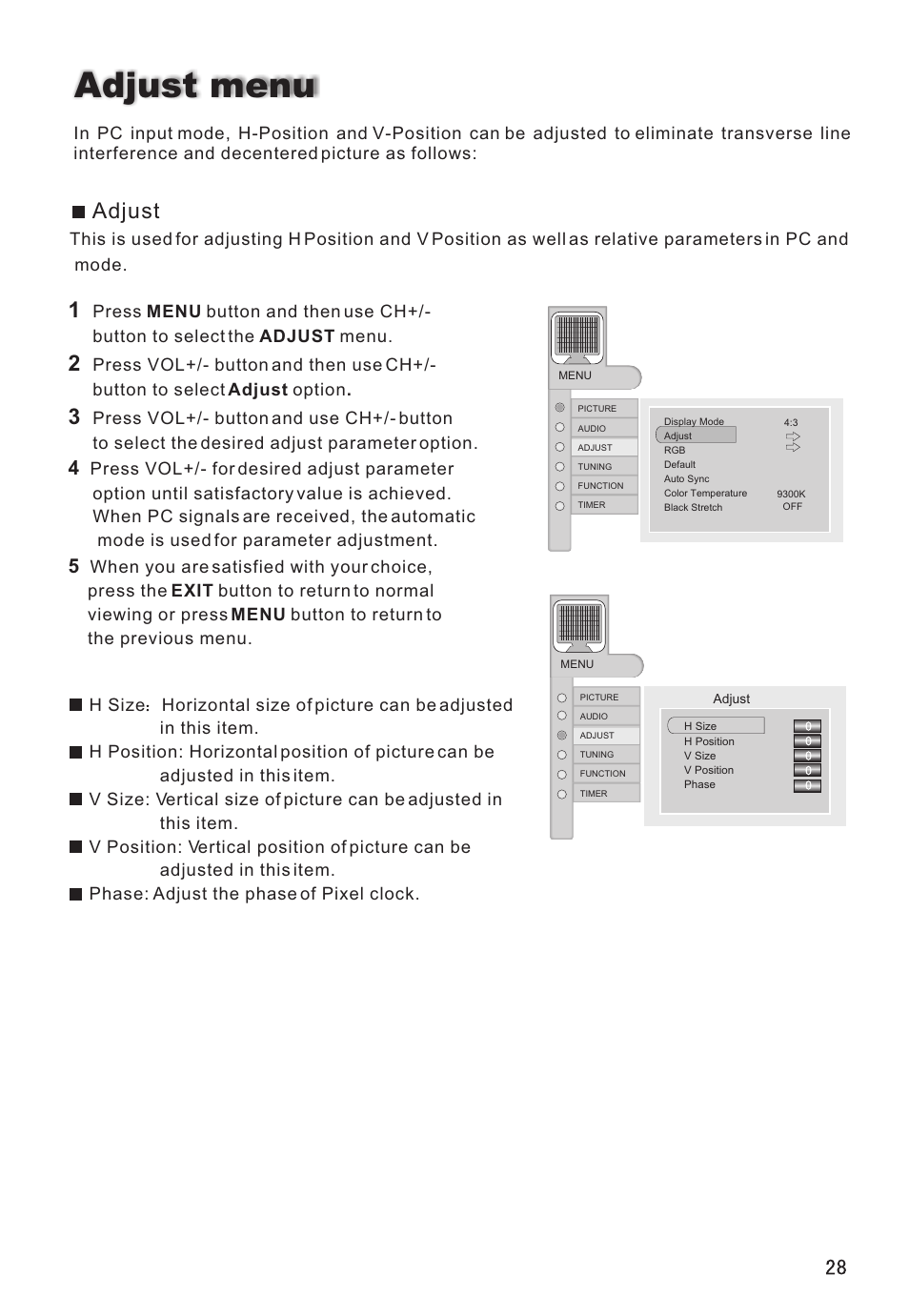 Adjust menu, Adjust | haier L26V6-A8K User Manual | Page 29 / 38