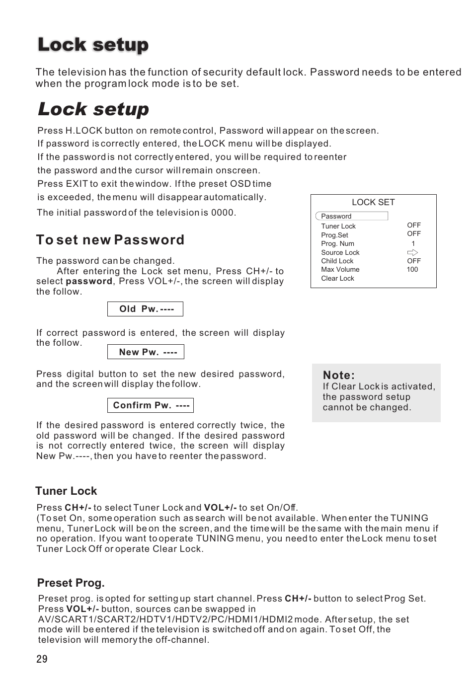 Lock setup, Tuner lock, Preset prog | haier L26V6-A8K User Manual | Page 30 / 38
