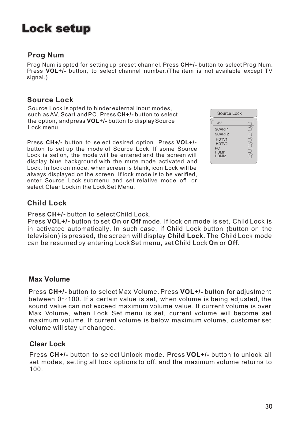 Lock setup, Prog num, Source lock | Max volume, Clear lock, Child lock | haier L26V6-A8K User Manual | Page 31 / 38