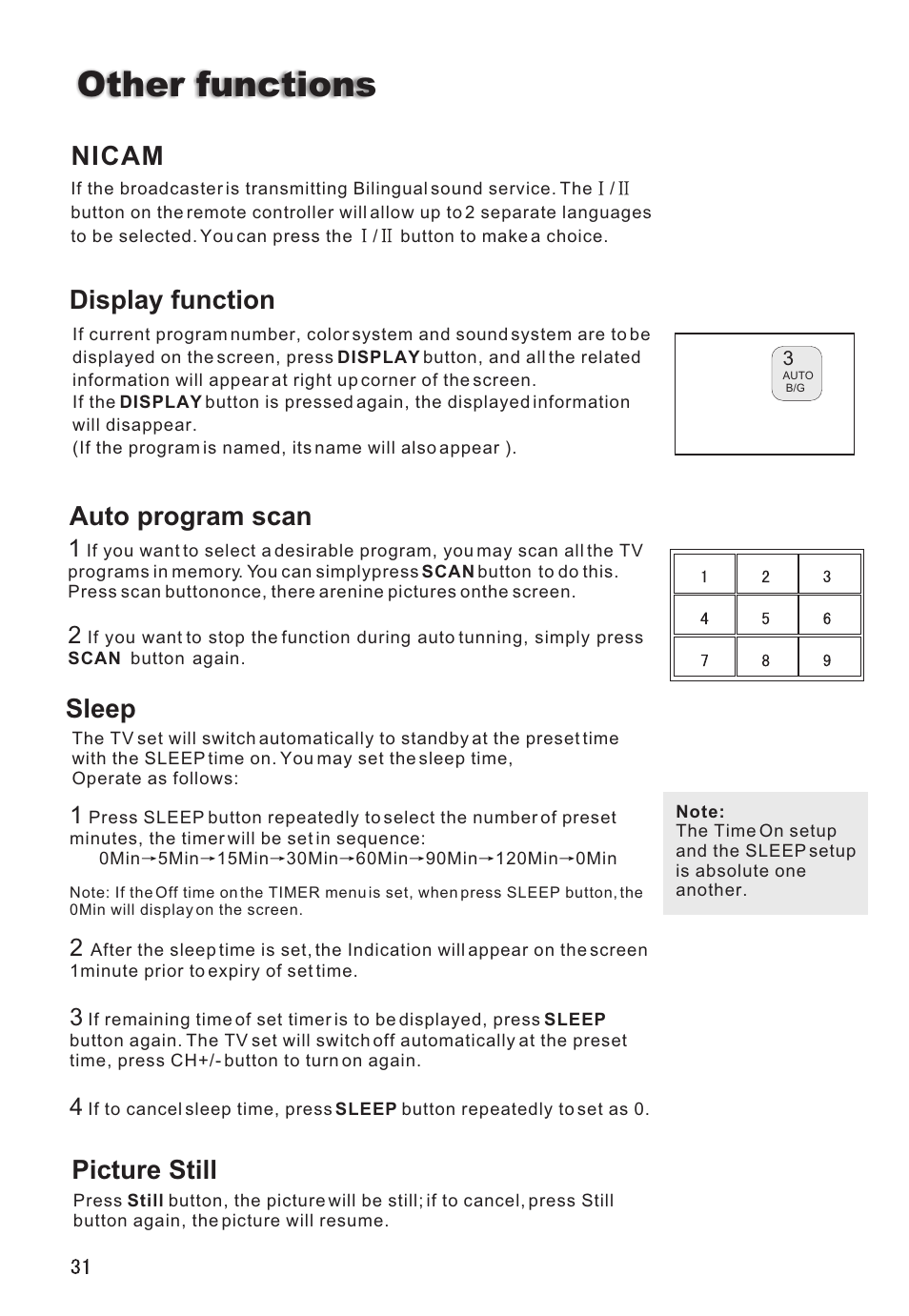 Other functions, Display function nicam, Auto program scan | Sleep, Picture still | haier L26V6-A8K User Manual | Page 32 / 38