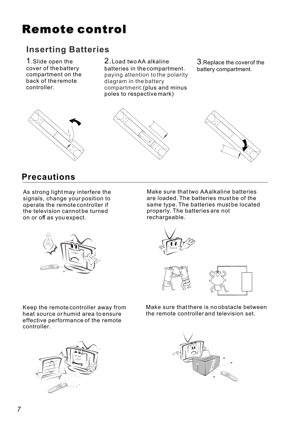 Remote control, Precautions, Inserting batteries | haier L26V6-A8K User Manual | Page 8 / 38