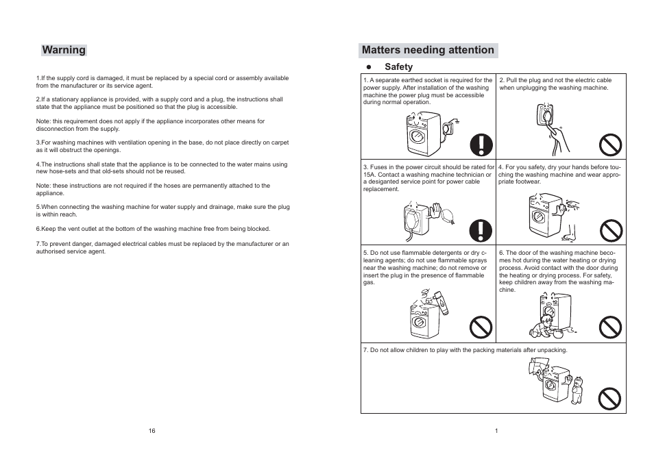 Matters needing attention warning | haier XQG50-S1216 User Manual | Page 3 / 10