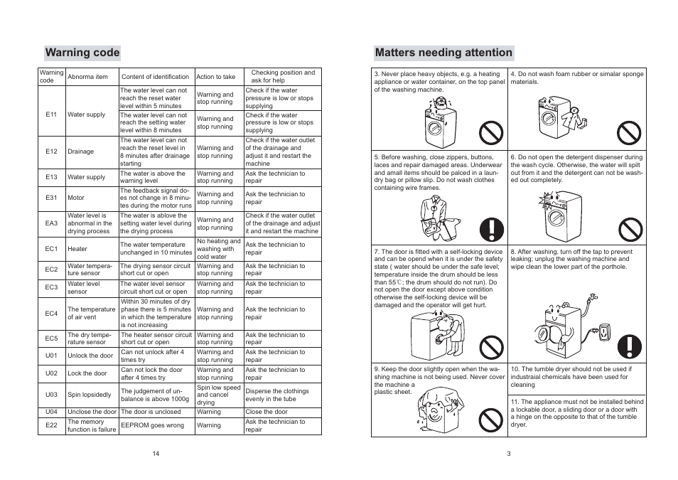 Matters needing attention, Warning code | haier XQG50-S1216 User Manual | Page 5 / 10