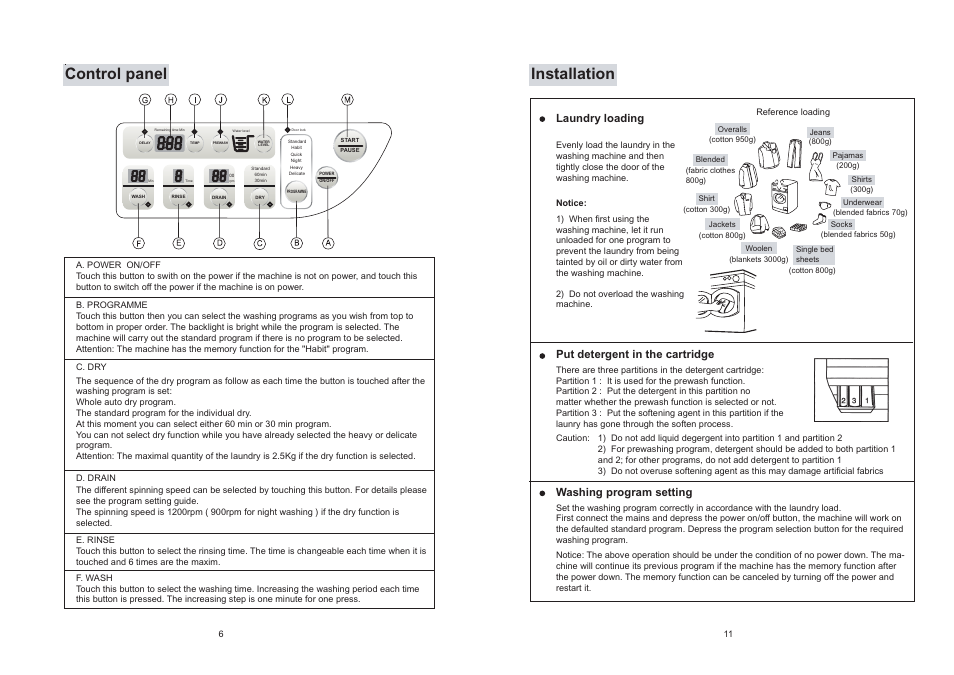 Control panel, Installation, Laundry loading | Put detergent in the cartridge, Washing program setting | haier XQG50-S1216 User Manual | Page 8 / 10
