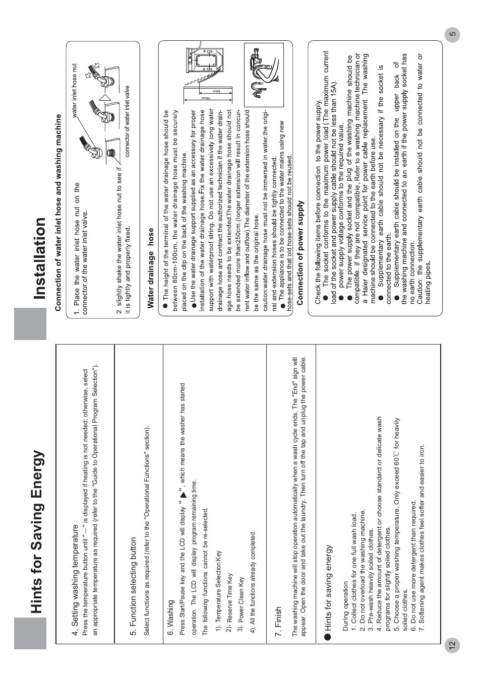 Hints for saving energy, Function selecting button, Finish | Setting washing temperature | haier HVS1200 User Manual | Page 7 / 10