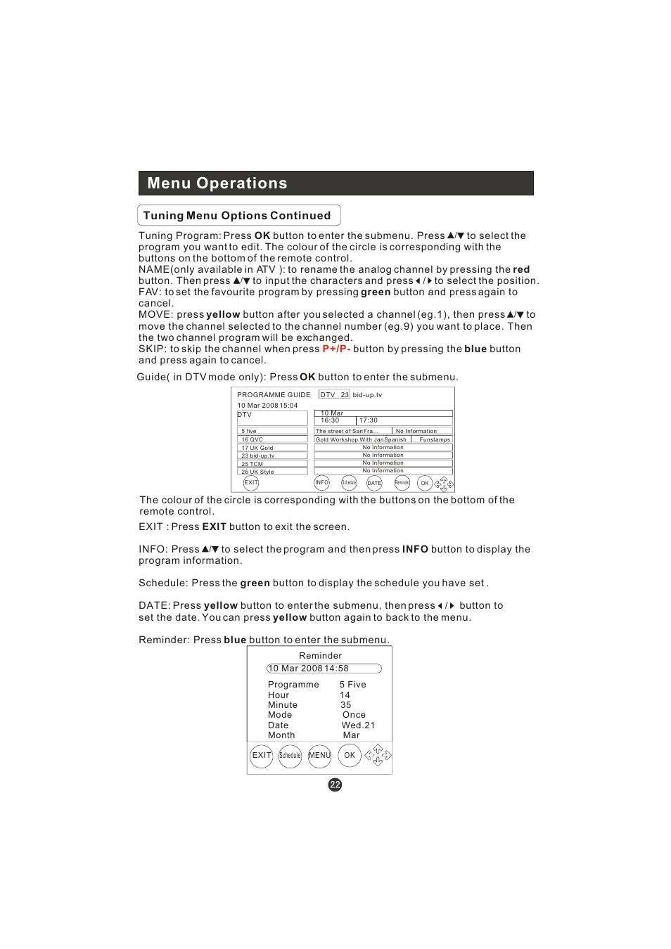 Menu operations, Tuning menu options continued | haier LT22R3CBW User Manual | Page 23 / 44