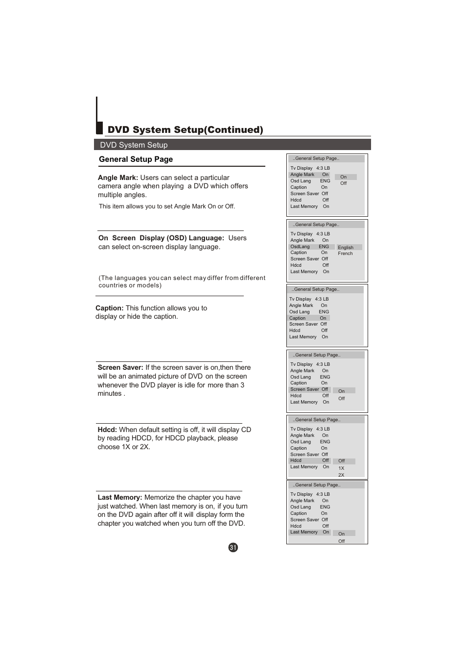 Dvd system setup(continued), Dvd system setup general setup page | haier LT22R3CBW User Manual | Page 32 / 44