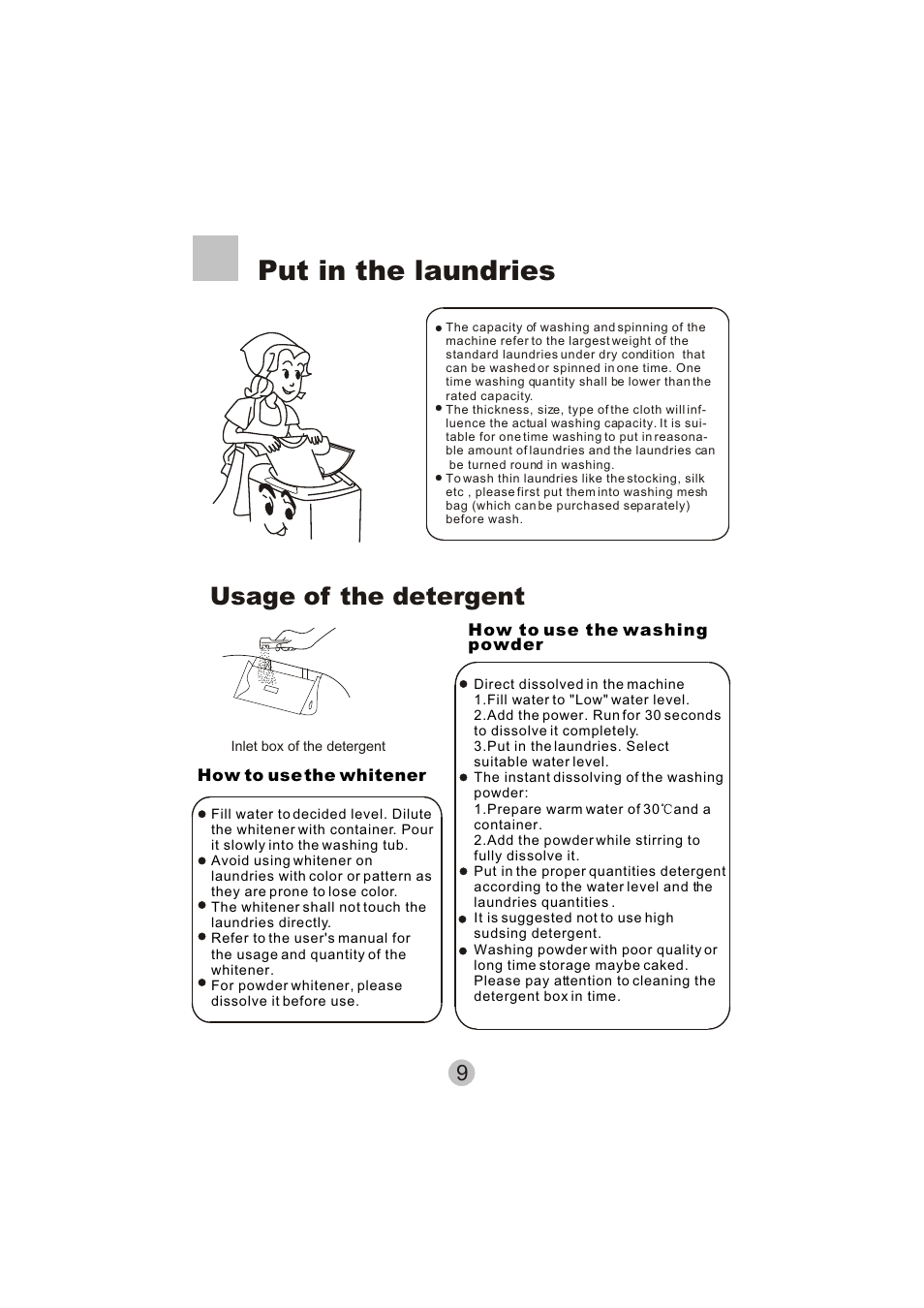 Put in the laundries, Usage of the detergent | haier HWM50-10 User Manual | Page 11 / 18