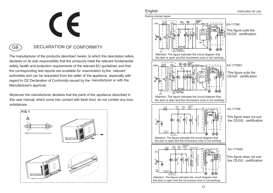Declaration of conformity, English, This figure suits the | Ce/gs, Certification this figure suits the, Certification this figure does not suit the ce/gs, Certification, Fig 1, Instruction for use 13 | haier EA-1770M User Manual | Page 2 / 8