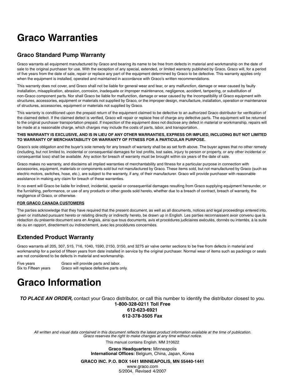 Graco warranties, Graco information, Graco standard pump warranty | Extended product warranty | haier 1590 SB User Manual | Page 40 / 40
