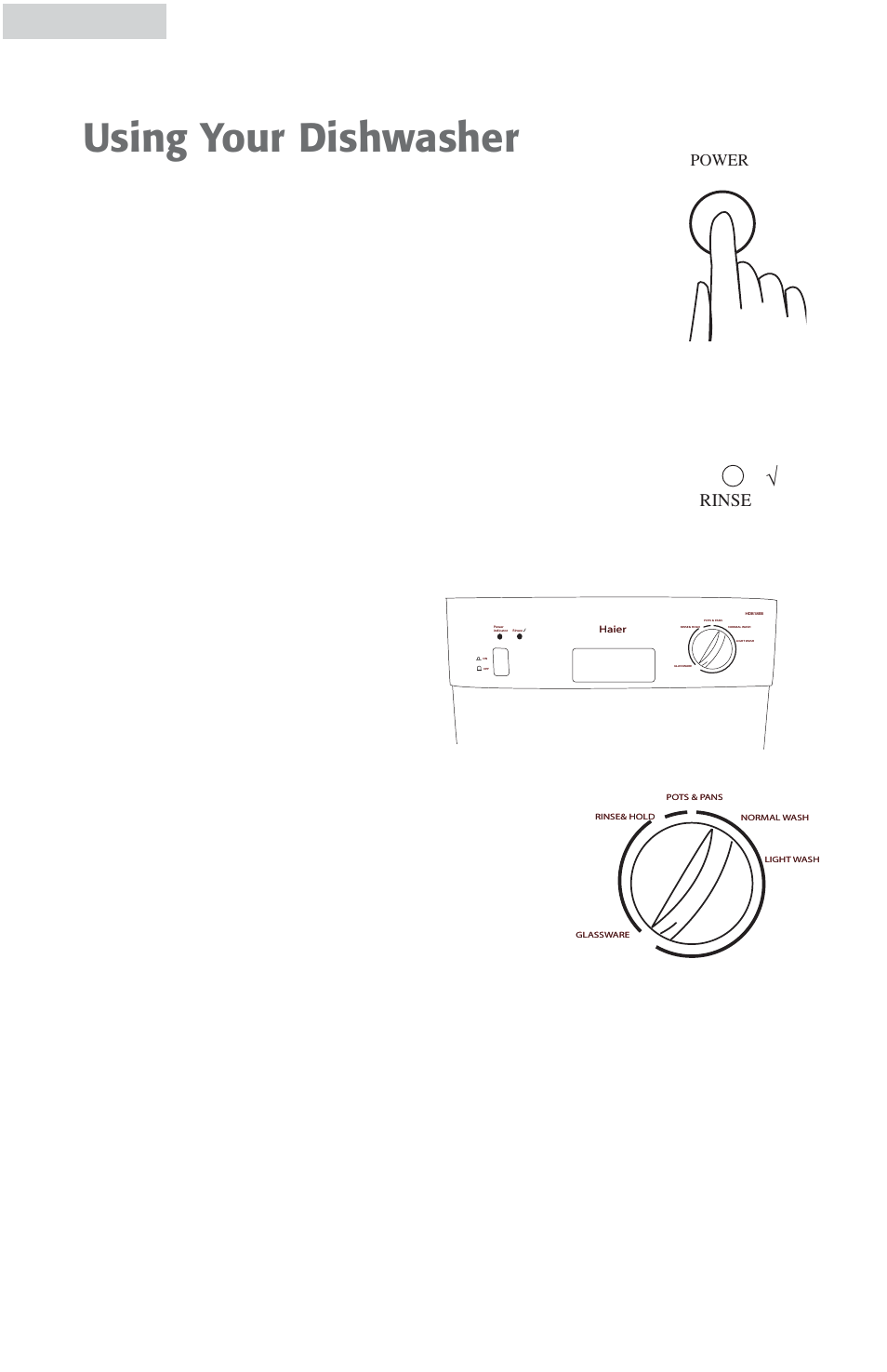 Using your dishwasher, Rinse “ indicator light, Door latch | Wash selector knob, Selecting wash cycles, 7english, Rinse, Power | haier HDB18EB User Manual | Page 8 / 29
