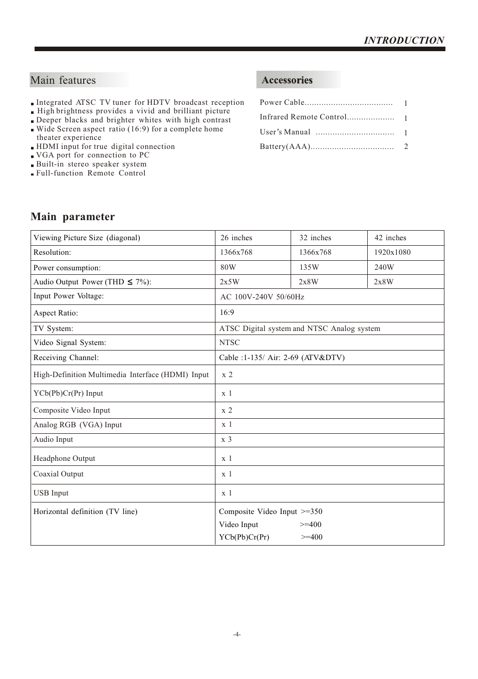 Т³гж 5, Main features, Main parameter | Introduction, Accessories | haier L26B1120 User Manual | Page 5 / 19
