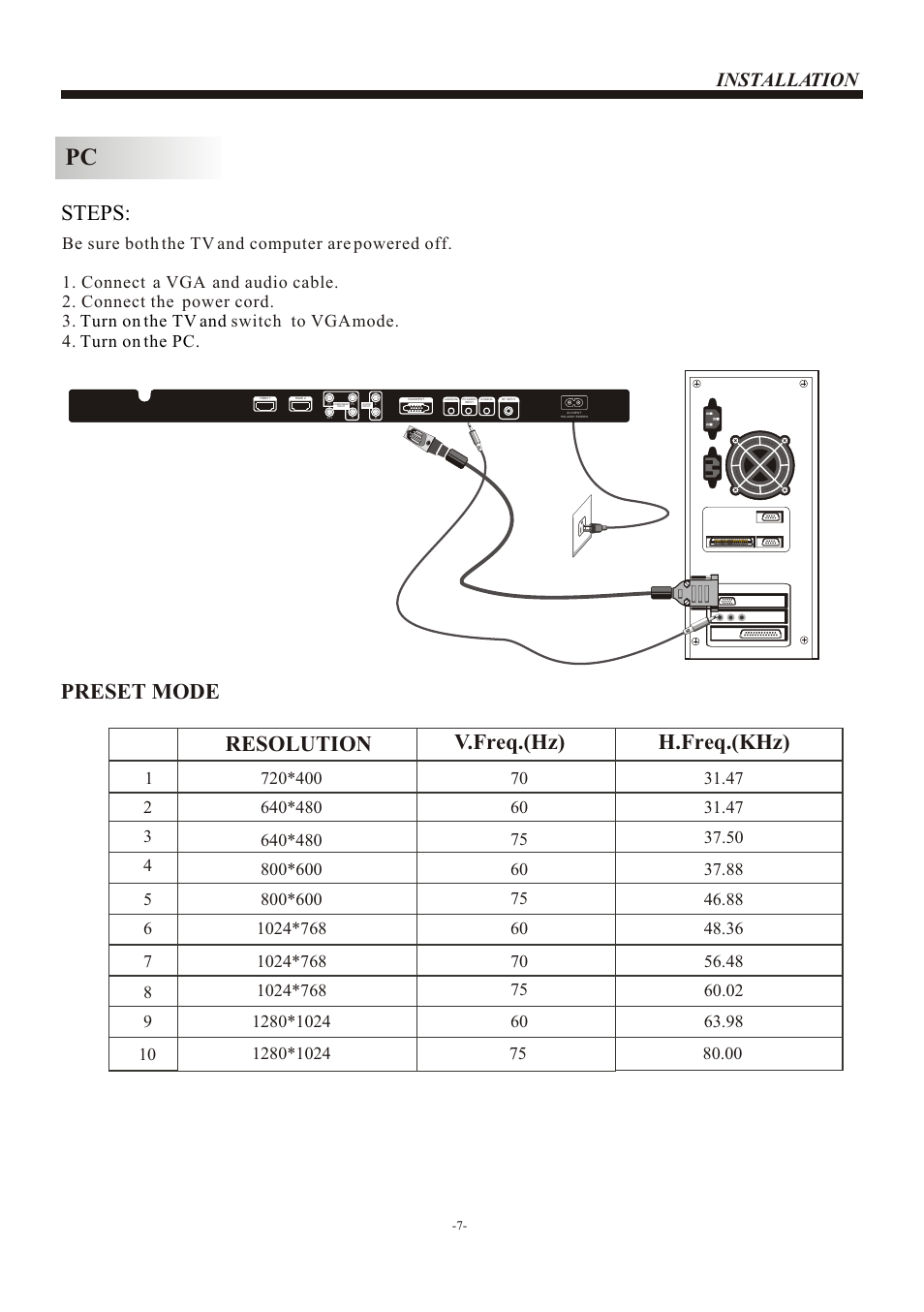 Т³гж 8, Steps, Preset mode | Resolution v.freq.(hz) h.freq.(khz), Installation | haier L26B1120 User Manual | Page 8 / 19