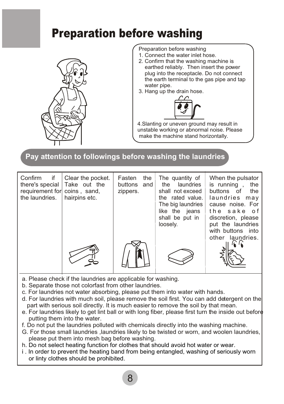 Preparation before washing | haier HWM-6.5/S User Manual | Page 10 / 19