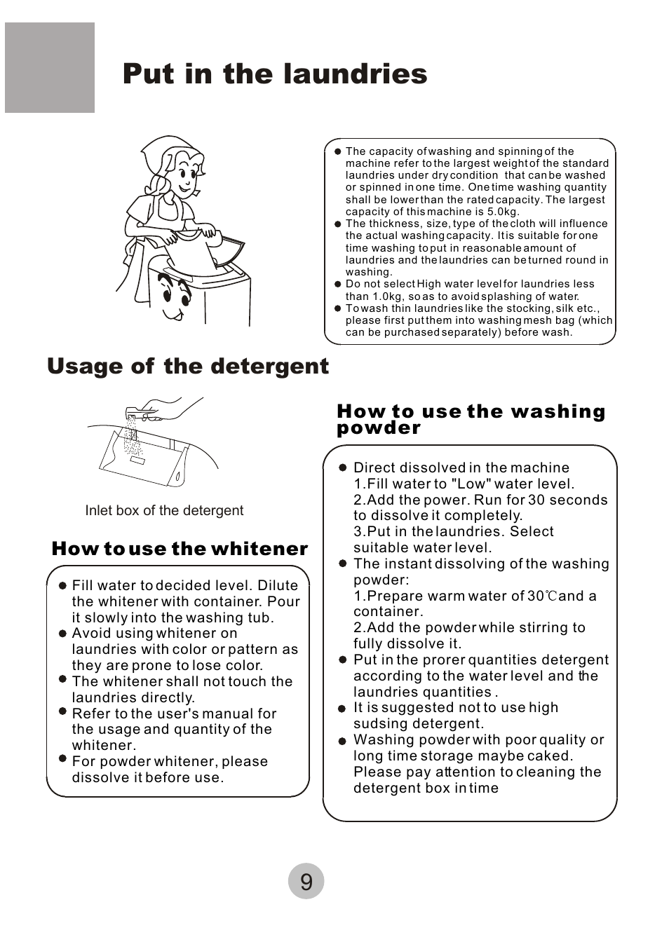 Put in the laundries, Usage of the detergent | haier HWM-6.5/S User Manual | Page 11 / 19